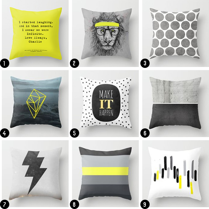 Black White Grey and yellow throw pillows