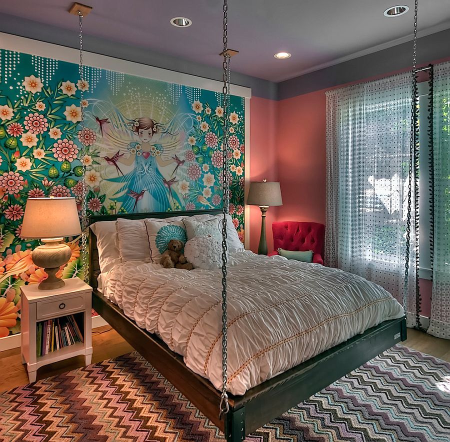 custom-wall-mural-and-hanging-bed-create-an-ingenious-girls-bedroom